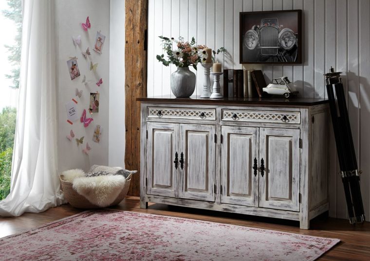 Sideboard Mango / Akazie 150x45x90 weiß gewachst CASTLE-ANTIK #261