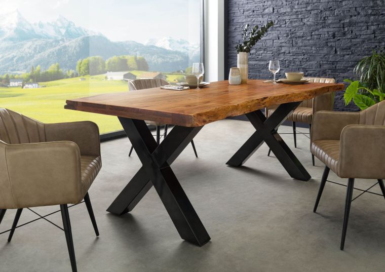 Baumtisch Akazie 220x100x77 Akazie natur lackiert / X-Beine anthrazit glänzend FREEFORM 5