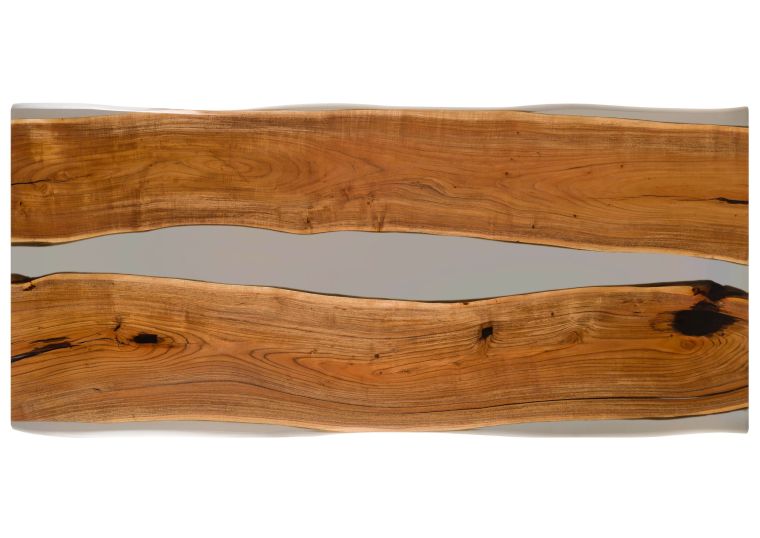 Esstisch Akazie mit Epoxidharz 220x100x76 natur lackiert / Epoxid grau Baumkanten-Optik EPOXY Unikat #2