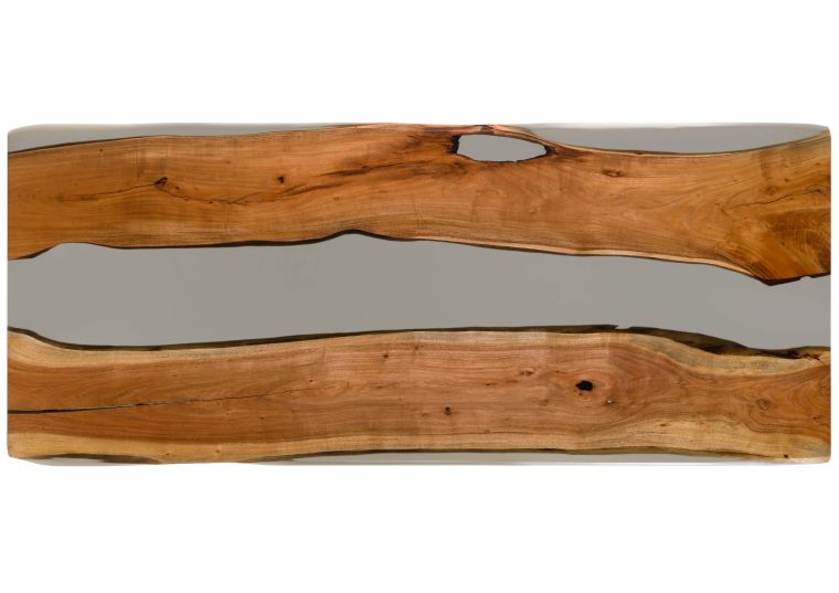 Esstisch Akazie mit Epoxidharz 240x100x76 natur lackiert / Epoxid grau Baumkanten-Optik EPOXY Unikat #8