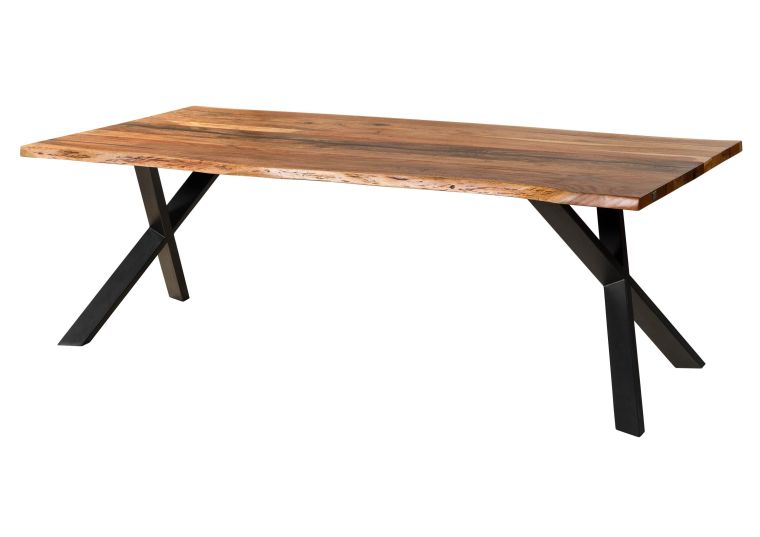 Baumtisch Akazie 220x100x76 natur lackiert / Epoxid schwarz, ausgestellte X-Beine anthrazit matt EPOXY