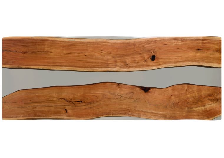 Esstisch Akazie mit Epoxidharz 260x100x76 natur lackiert / Epoxid grau Baumkanten-Optik EPOXY Unikat #5