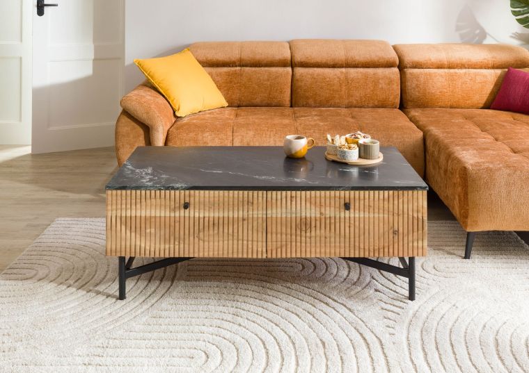 Couchtisch Akazie 120x60x45 natur lackiert / Marmor schwarz LONDON #120