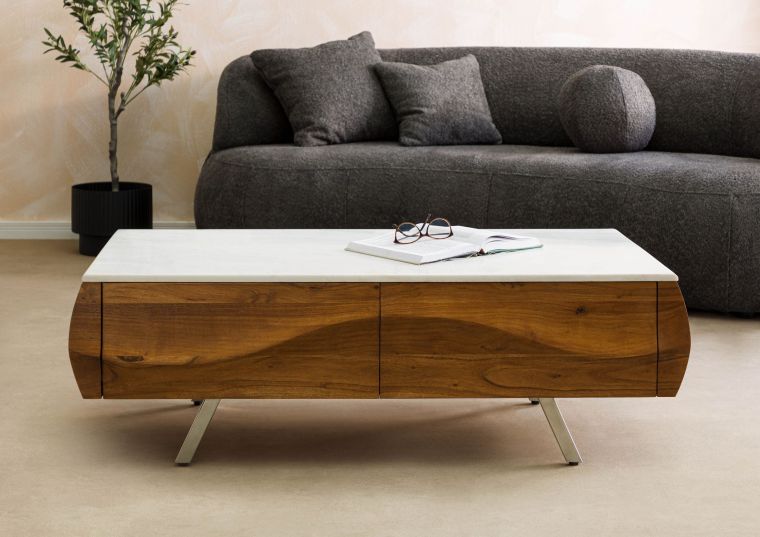 Couchtisch Akazie 124x60x40 natur lackiert / Marmor weiß MONTREAL #130