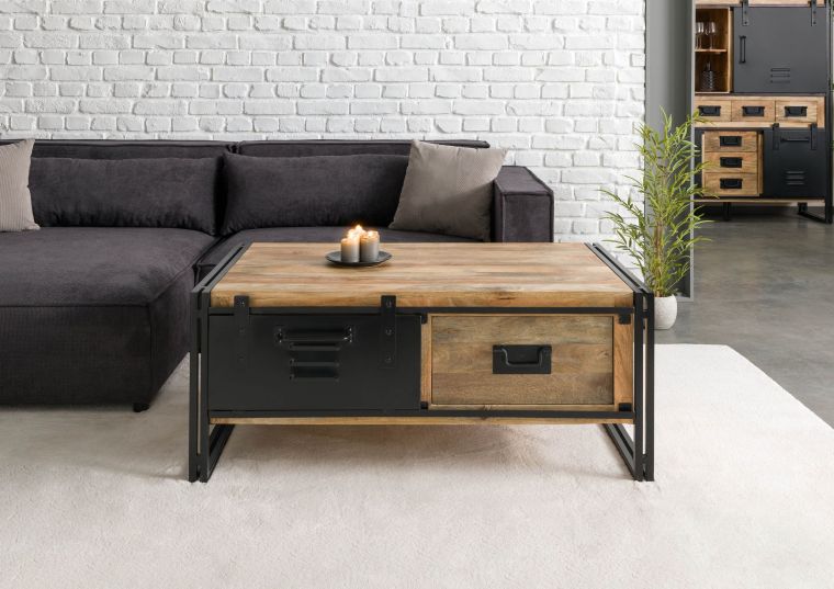 Couchtisch Mango 120x70x50 natur klar lackiert / Metall schwarz BLACKBURN #103