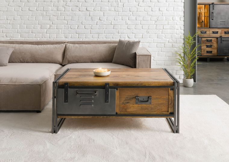 Couchtisch Mango 120x70x50 natur lackiert / Metall grau BLACKBURN #303.