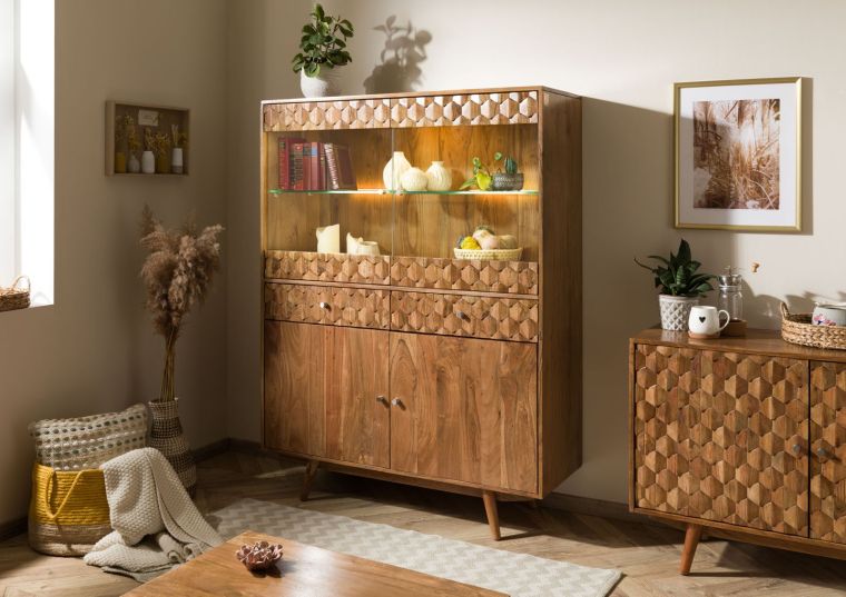 Highboard Akazie 120x42x160 Akazie natur lackiert MOSAYK #115