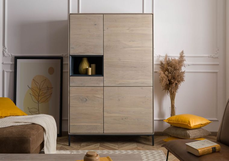 Highboard Akazie 111x45x175 grau-weiß geölt CHICAGO #09