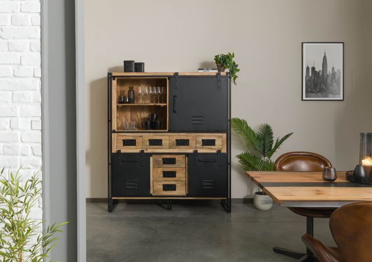 Highboard Mango 140x45x160 natur klar lackiert / Metall schwarz BLACKBURN #557