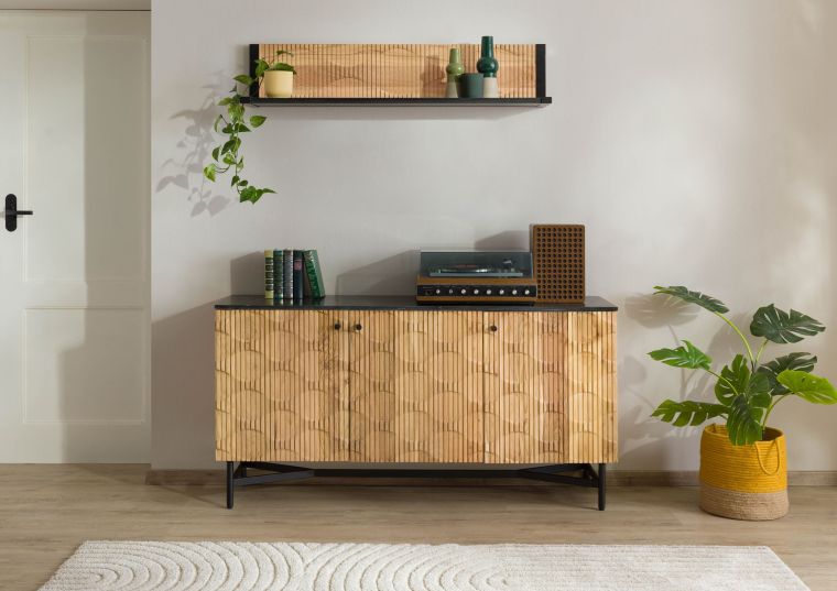 Sideboard Akazie 150x40x76 natur lackiert / Marmor schwarz LONDON #100