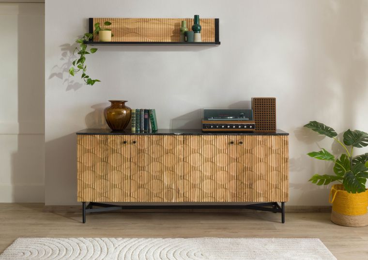 Sideboard Akazie 180x40x76 natur lackiert / Marmor schwarz LONDON #101
