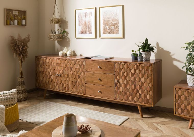 Sideboard Akazie 210x42x75 Akazie natur lackiert MOSAYK #109