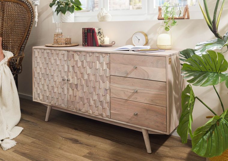 Sideboard Akazie 145x42x75 weiß lackiert MOSAYK #206