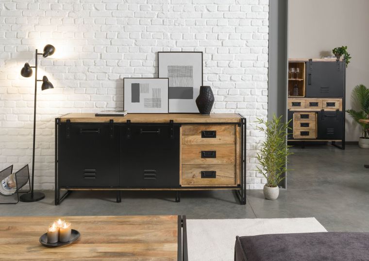 Sideboard Mango 195x45x90 natur klar lackiert / Metall schwarz BLACKBURN #107