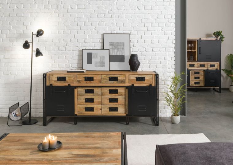 Sideboard Mango 195x45x90 natur klar lackiert / Metall schwarz BLACKBURN #109