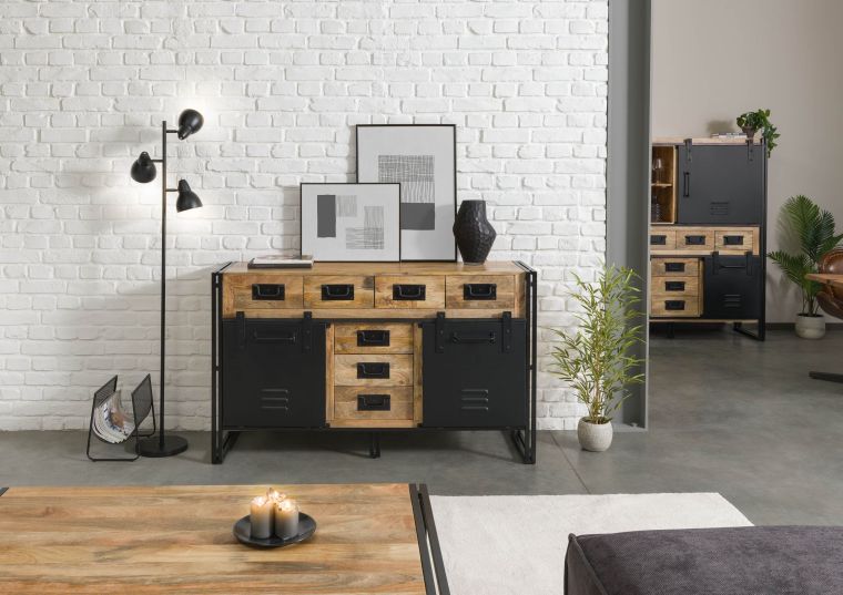 Sideboard Mango 150x45x90 natur klar lackiert / Metall schwarz BLACKBURN #110