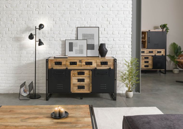 Sideboard Mango 150x45x90 natur lackiert / Metall schwarz BLACKBURN #110