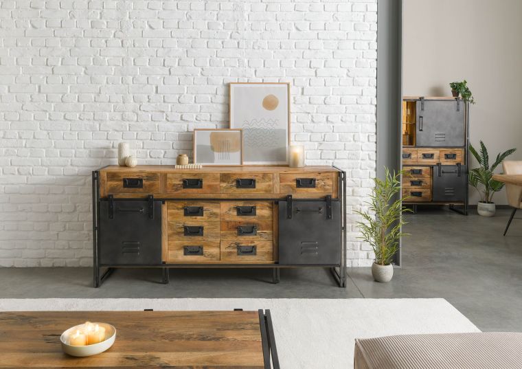 Sideboard Mango 195x45x90 natur lackiert / Metall grau BLACKBURN #309