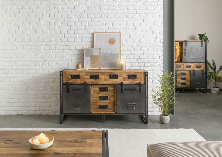 Sideboard Mango 150x45x90 natur lackiert / Metall grau BLACKBURN #310