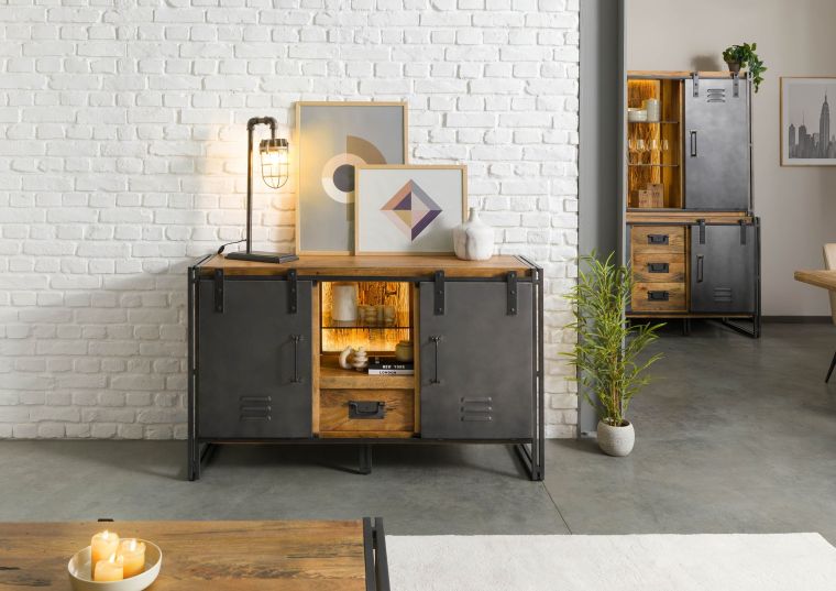 Sideboard Mango / Altholz 150x45x90 natur / grau lackiert / Metall grau BLACKBURN LUX #411