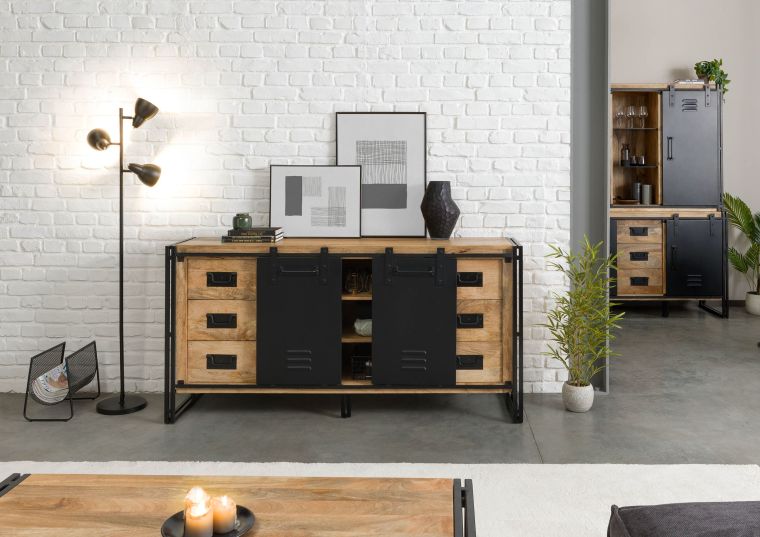 Sideboard Mango 180x45x90 natur klar lackiert / Metall schwarz BLACKBURN #551
