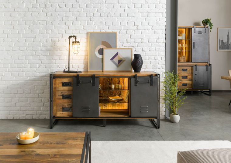 Sideboard Mango / Altholz 180x45x90 natur / grau lackiert / Metall grau BLACKBURN LUX #552