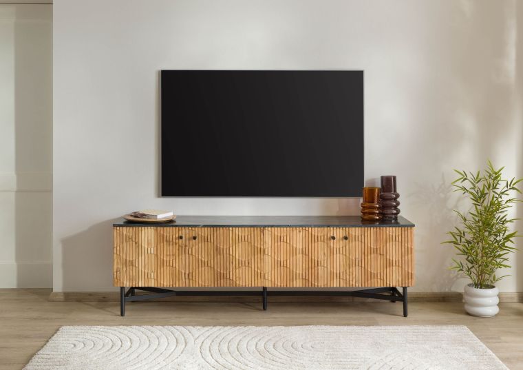 TV-Board Akazie 180x40x55 natur lackiert / Marmor schwarz LONDON #105