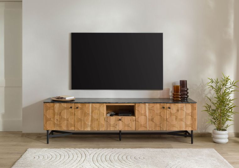 TV-Board Akazie 200x40x55 natur lackiert / Marmor schwarz LONDON #106