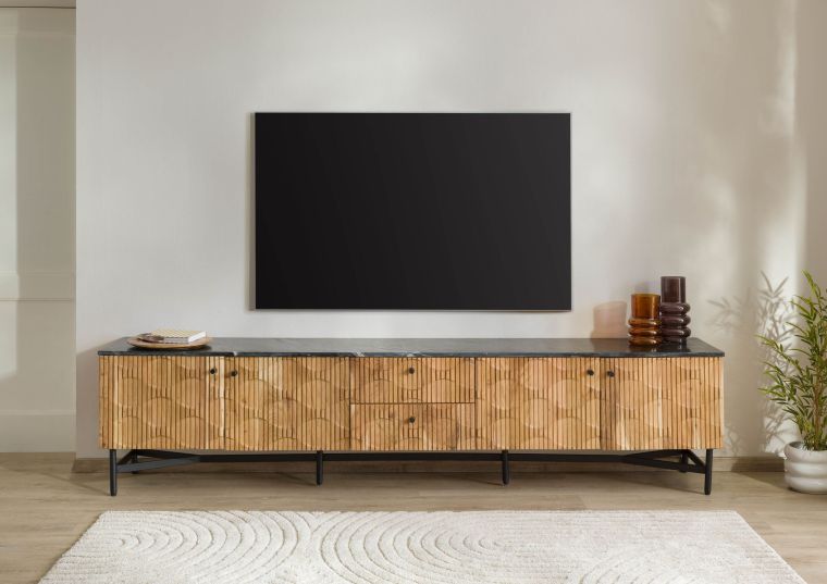 TV-Board Akazie 240x40x55 natur lackiert / Marmor schwarz LONDON #107