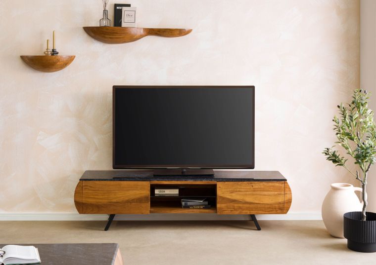 TV-Board Akazie 184x40x45 natur lackiert / Marmor schwarz MONTREAL #121