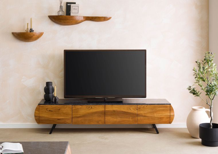 TV-Board Akazie 204x40x45 natur lackiert / Marmor schwarz MONTREAL #123