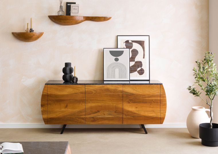 Sideboard Akazie 184x40x75 natur lackiert / Marmor schwarz MONTREAL #127