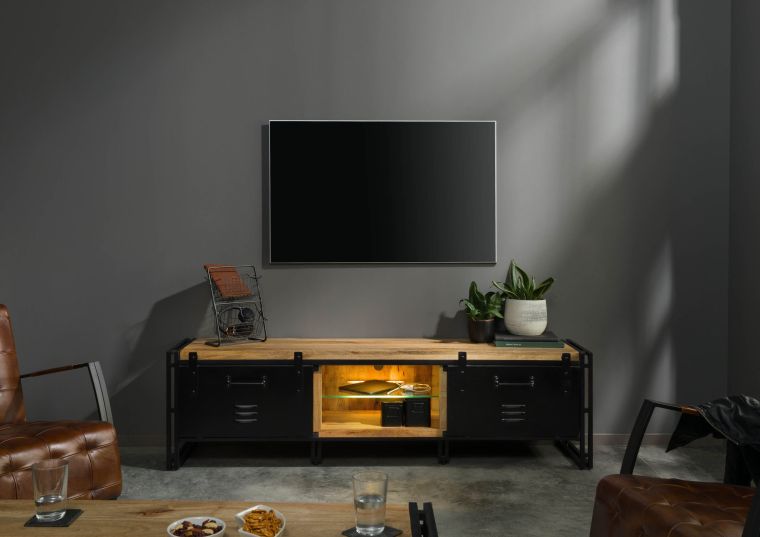 TV-Board Mango 200x45x55 natur lackiert / Metall schwarz BLACKBURN #101