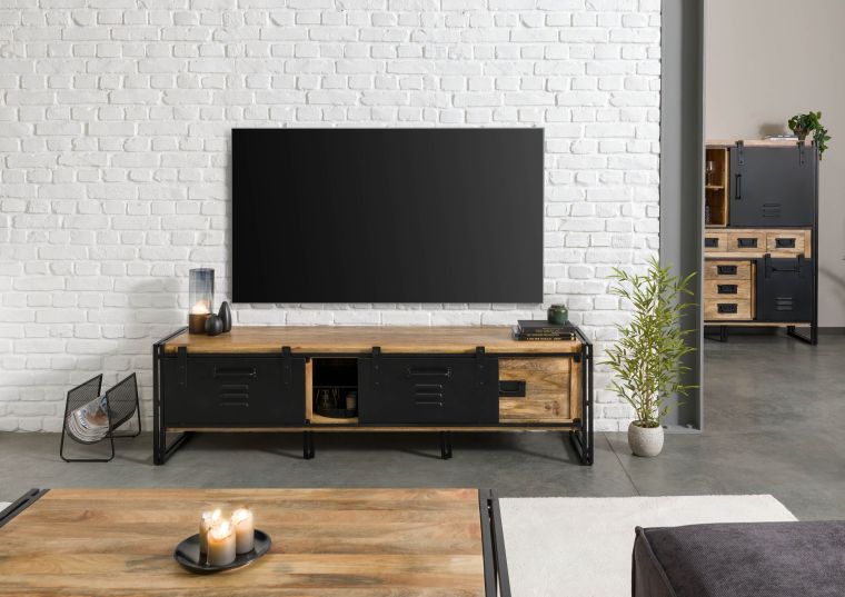 TV-Board Mango 200x45x55 natur klar lackiert / Metall schwarz BLACKBURN #101