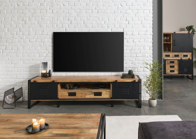 TV-Board Mango 220x45x55 natur klar lackiert / Metall schwarz BLACKBURN #112