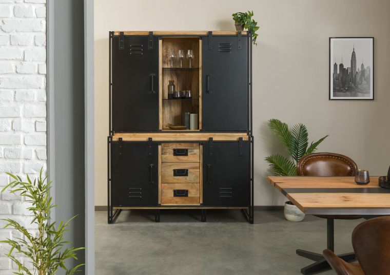 Buffet Mango 150x55x200 natur lackiert / Metall schwarz BLACKBURN #106