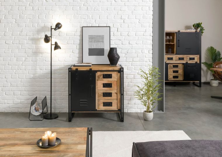Kommode Mango 90x45x90 natur klar lackiert / Metall schwarz BLACKBURN #108