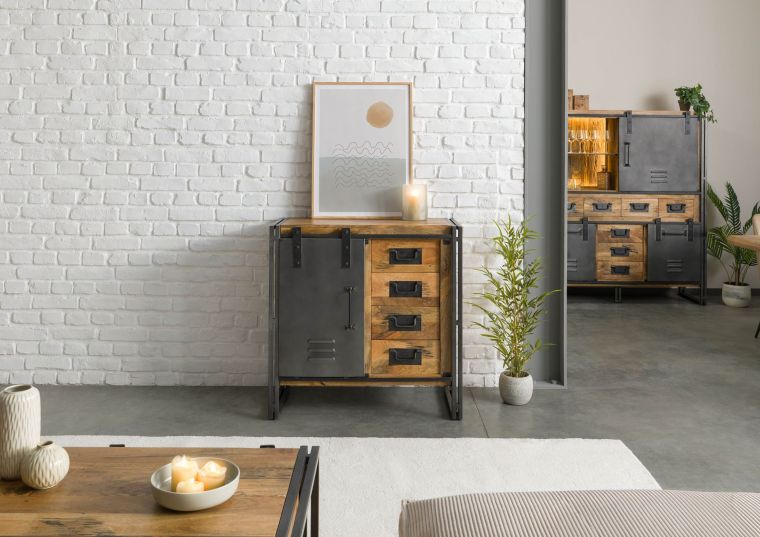 Kommode Mango 90x45x90 natur lackiert / Metall grau BLACKBURN #308