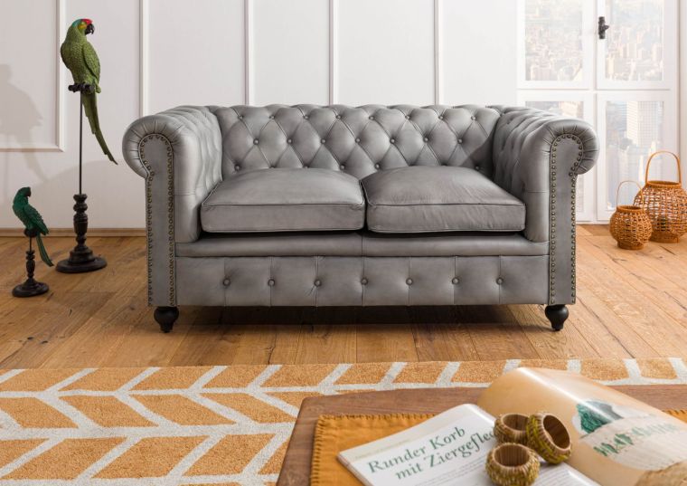 Sofa 2-Sitzer Echtleder 158x82x75 grau CHESTERFIELD #202