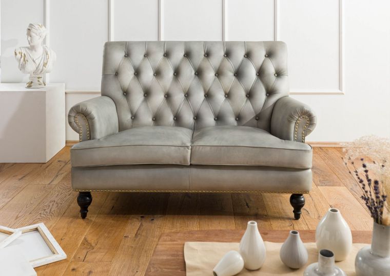 Sofa 2-Sitzer Echtleder 140x84x94 grau CHESTERFIELD #206