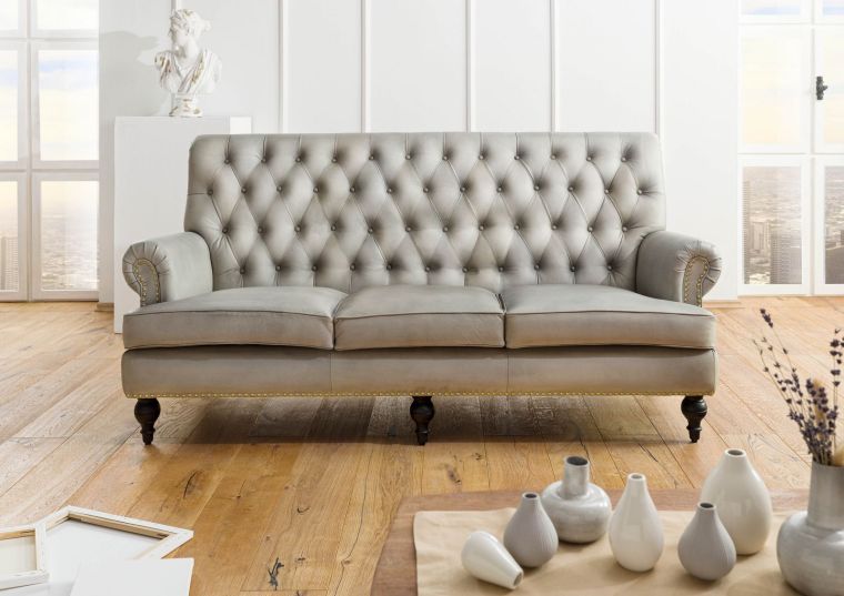 Sofa 3-Sitzer Echtleder 196x84x94 grau CHESTERFIELD #207