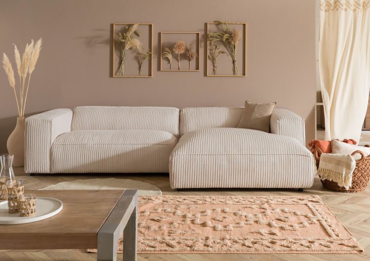 Ecksofa 304x164x69 Ottomane rechts Cord elfenbein VALENCIA