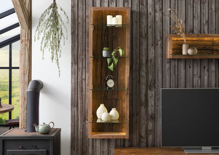 Hängevitrine Akazie 45x30x145 natur lackiert BARK #104