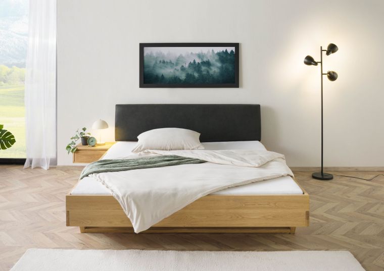Bett mit Nachttisch links Fichte 140x200x85 natur gebeizt / geölt, Kopfteil anthrazit FICHTELBERG #53