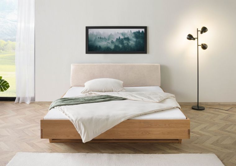 Bett Eiche 140x200x85 natur geölt, Kopfteil beige FICHTELBERG #125