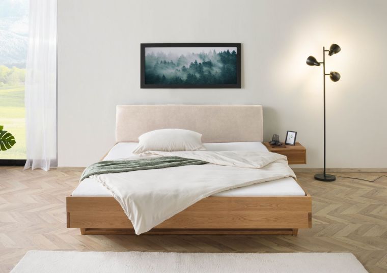 Bett mit Nachttisch rechts Eiche 160x200x85 natur geölt, Kopfteil beige FICHTELBERG #130