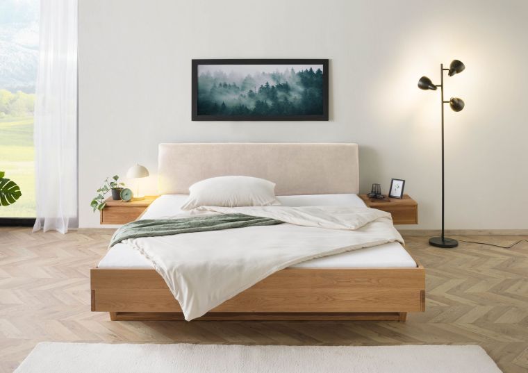 Bett mit Nachttischen Eiche 160x200x85 natur geölt, Kopfteil beige FICHTELBERG #134