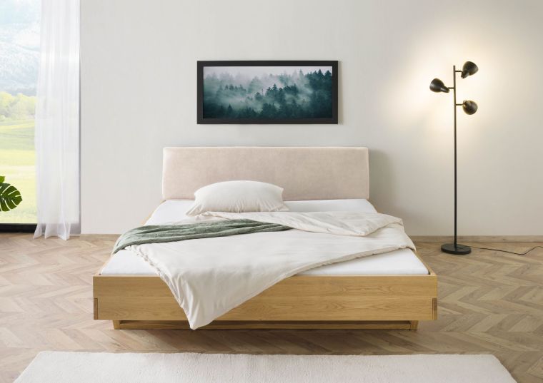 Bett Fichte 200x200x85 natur gebeizt / geölt, Kopfteil beige FICHTELBERG #140