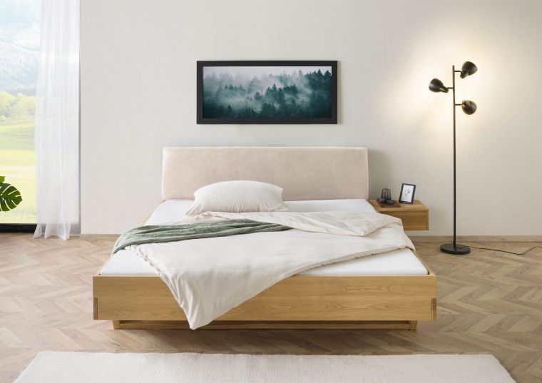 Bett mit Nachttisch Fichte 140x200x85 natur gebeizt / geölt, Kopfteil beige FICHTELBERG #141