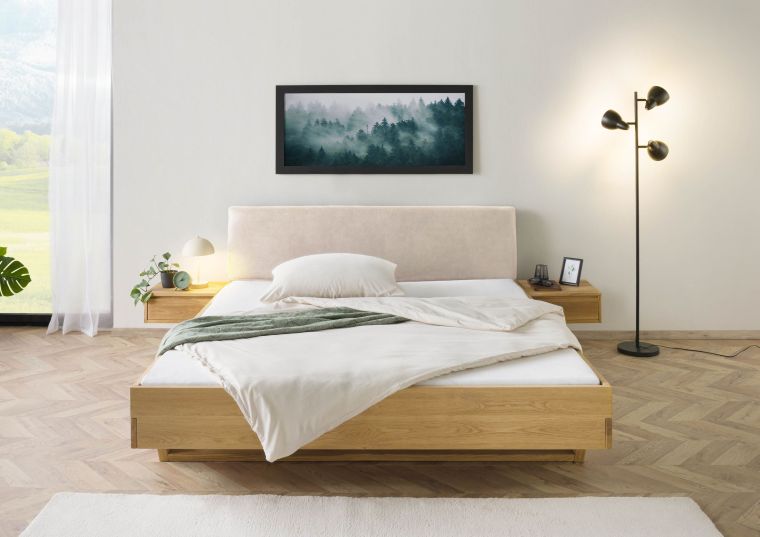 Bett mit Nachttischen Fichte 160x200x85 natur gebeizt / geölt, Kopfteil beige FICHTELBERG #146